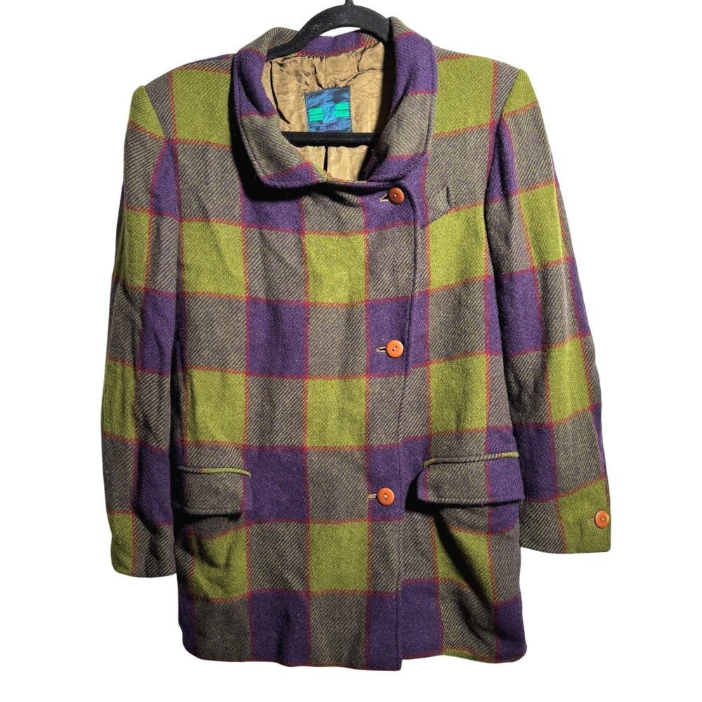 VTG Touche Italy‎ Plaid Wool Coat Wood Buttons Green Purple Academia Womens L
